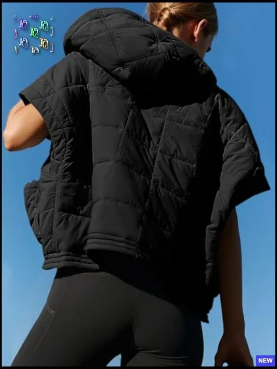 Oversized Quilted Puffer Vest Hooded Cap Sleeve Chic Winter Outerwear - Picture 4 of 5